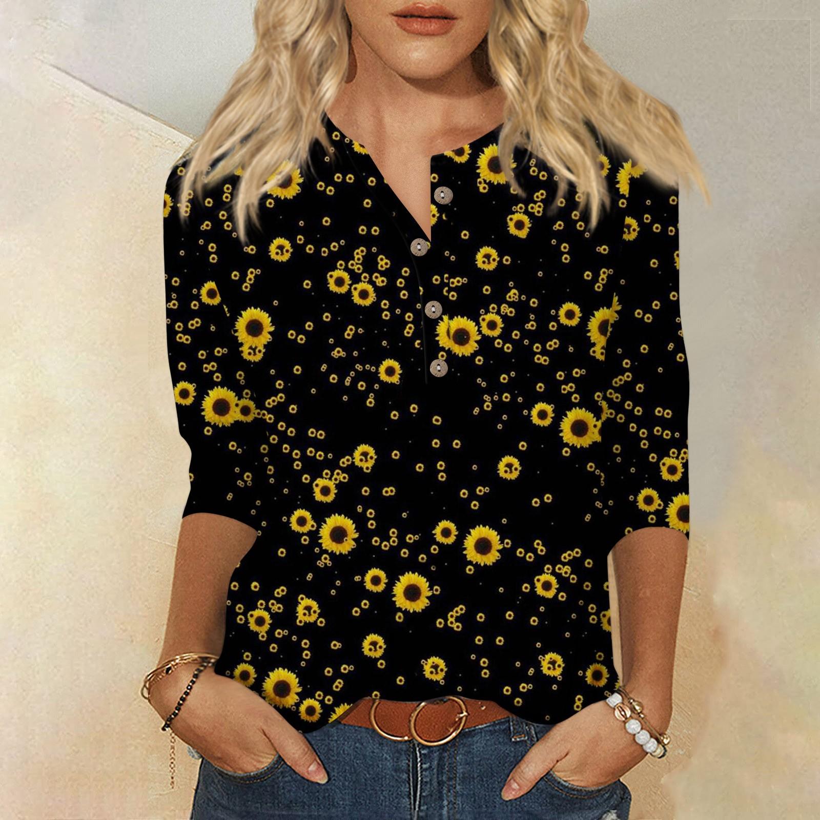 

Рубашки с рукавом 3/4 для женщин, милые футболки с цветочным принтом и графическим принтом, блузки, повседневные базовые топы больших размеров, пуловеры L чёрный