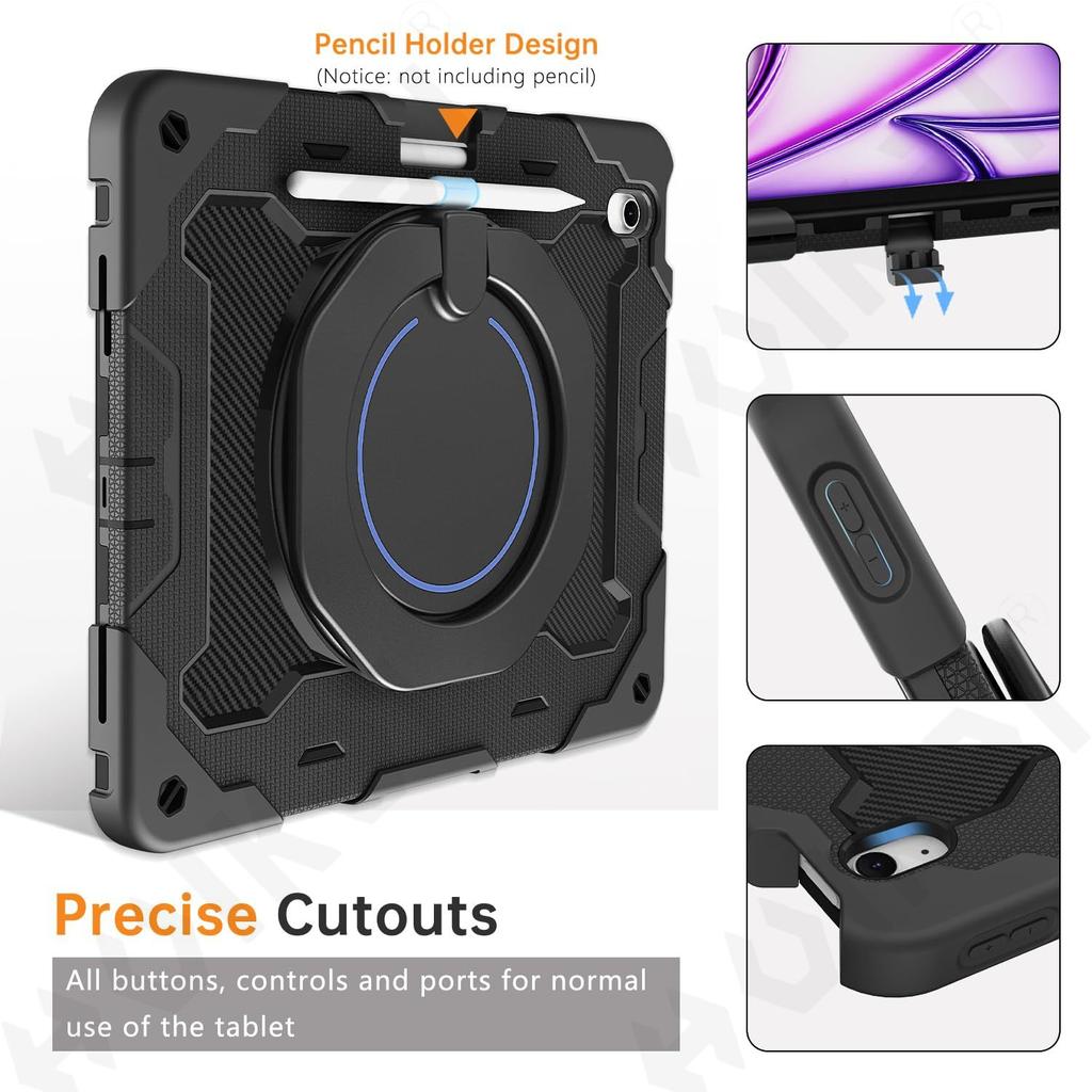 Case For iPad Air 13 11 2026 2025 4G 5G  Heavy Duty Rotating Shockproof Stand Hand Shoulder Strap Black