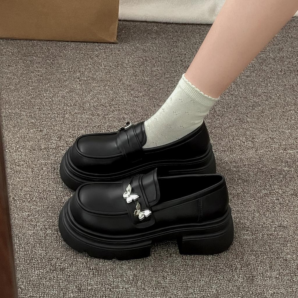 Black retro small man thick-soled heightening small leather shoes women's 2025 new summer British style with skirt loafers