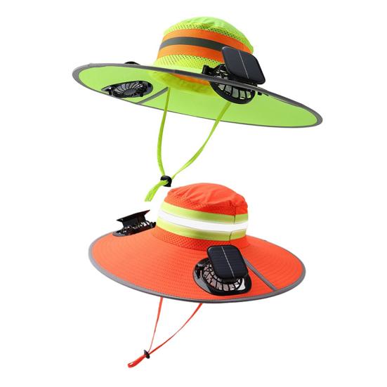 Sonnenhut mit zwei Solarlüftern Hochglänzende Reflektorstreifen Sicherheitswarnung Überdimensionierter Schirm Vollgesichts-UV-Schutz Eimerhut