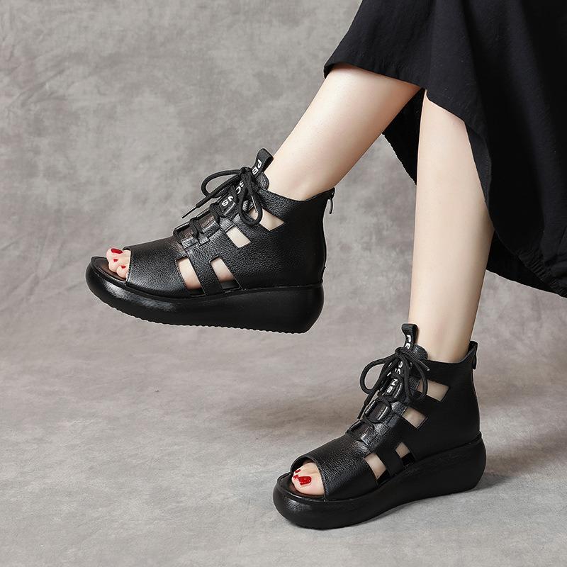 Leather Wedge Heel Platform Fish Mouth High Heels New Spring and Summer Casual Cool Boots Women's Hollow High-top Sandals