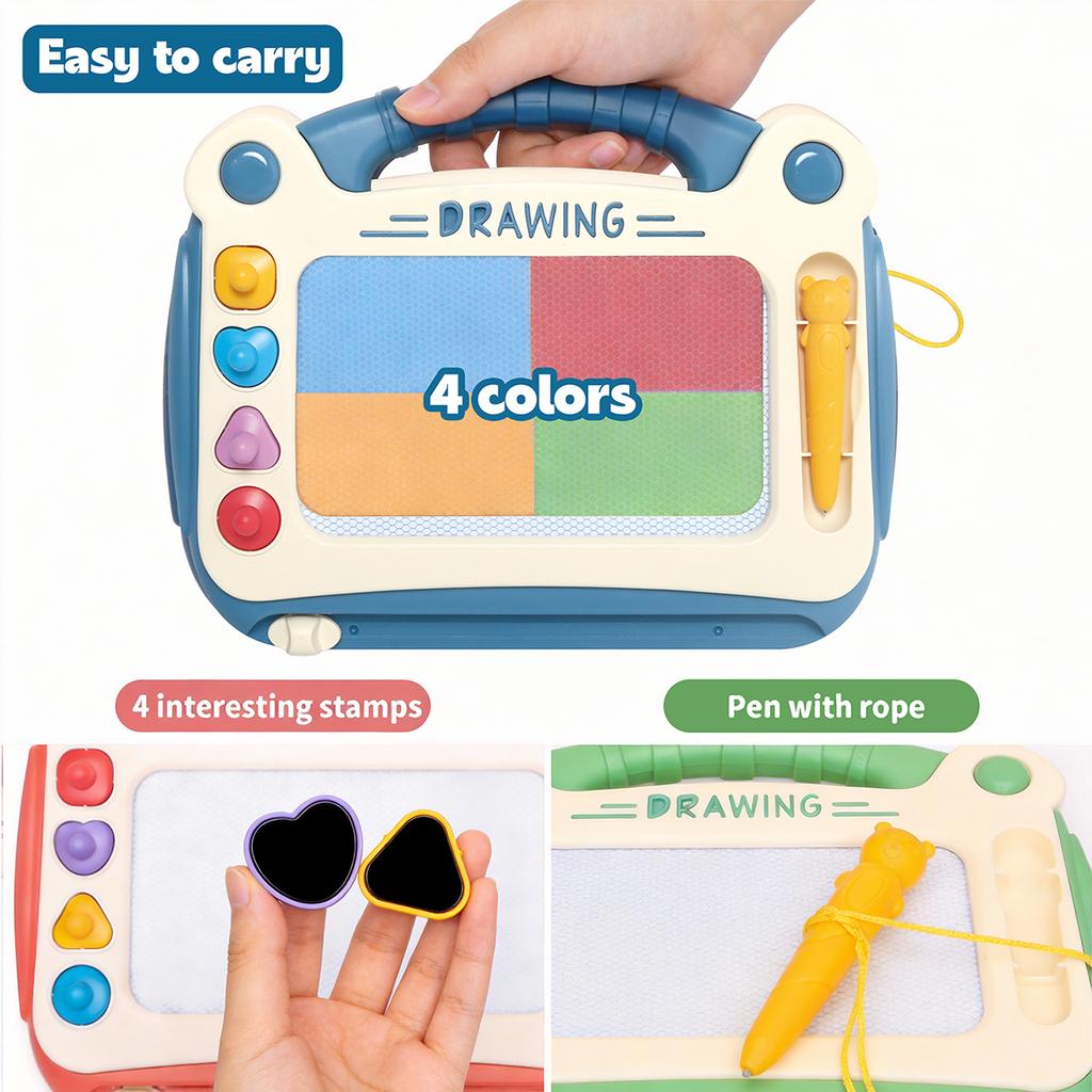 Kids Magnetic Drawing Board with Stand, 4-Color Erasable Doodle Board with Stamps, Portable Educational Drawing Toy for Toddlers