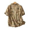 2025 Summer New Retro Fried Color Printed Cotton and Linen Shirt Women's Fungus Edge Temperament Shirt Short-sleeved Top