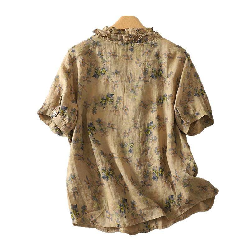 2025 Summer New Retro Fried Color Printed Cotton and Linen Shirt Women's Fungus Edge Temperament Shirt Short-sleeved Top