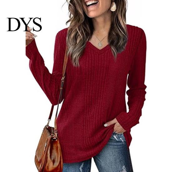 Damen Herbstkleidung Tunika Pullover V-Ausschnitt Langarm Einfarbig Gerippt Lässige Oberteile Schlanke Passform Gestrickt Locker