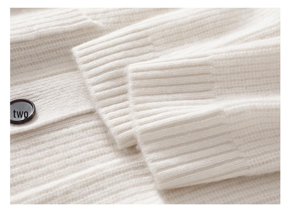 Lekasha Cashmere Half-High Neck Knit Cardigan with Pockets - Thickened Plain Color Top for Autumn/Winter.