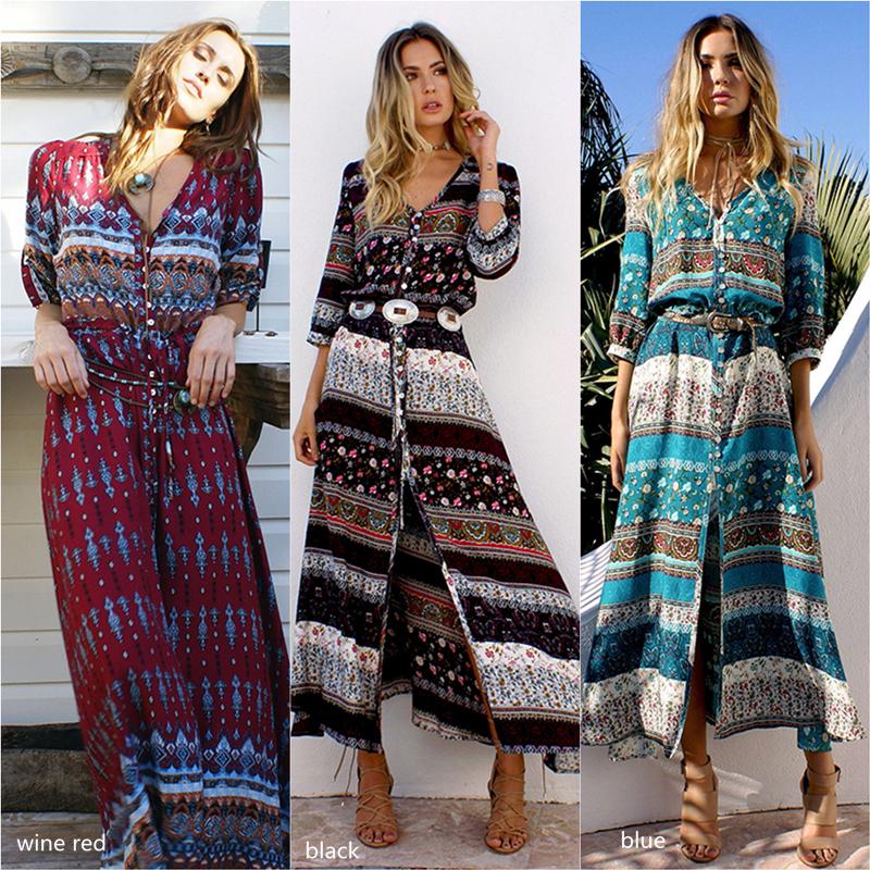Bohemian Style Loose Long Sleeve Slit Print Dress main image 1