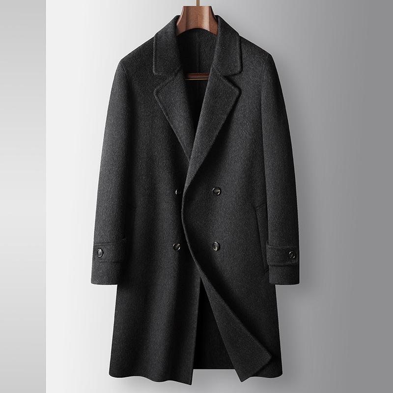 Men's Woolen Coat Autumn and Winter Medium and Long Double-breasted Youth Business Double-sided Trench Coat Solid Color Casual Coat Tide