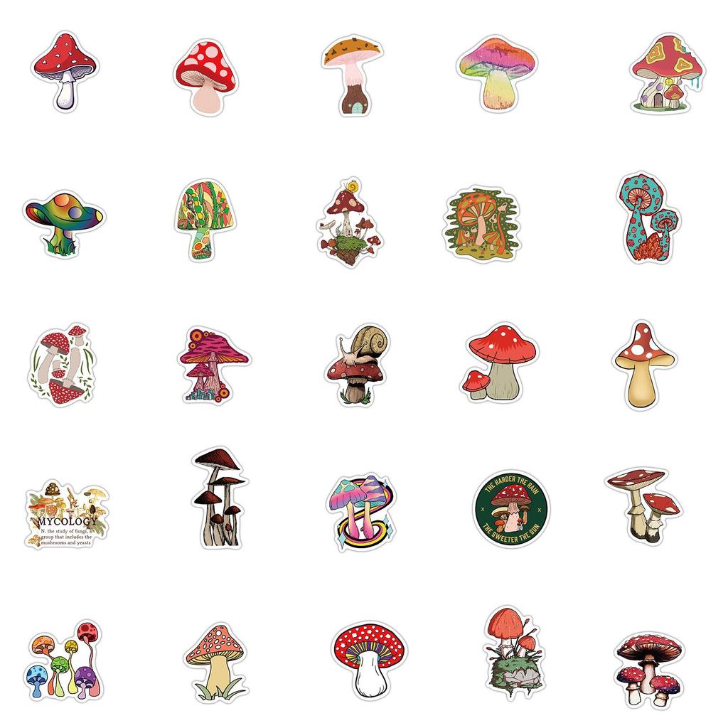50pcs Cute Cartoon Colorful Mushroom Waterproof Stickers For Scrapbooking Journaling Laptop Phone Case Water Bottle