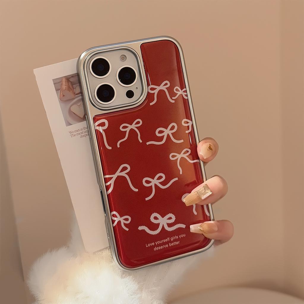 Vintage Burgundy iPhone 16 Case Suitable for Apple 15 Pro Max, Red Bow for iPhone 17, Resin Case for iPhone 14, Huawei