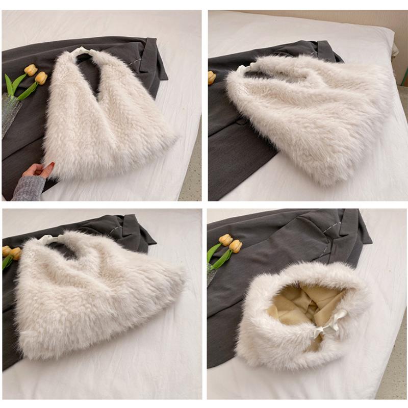 Autumn and Winter New Fashion Macaroon Women's Shoulder Bags Fluffy Long Plush High Capacity Armpit Bags Foreign Style Female Portable Large Tote Bags