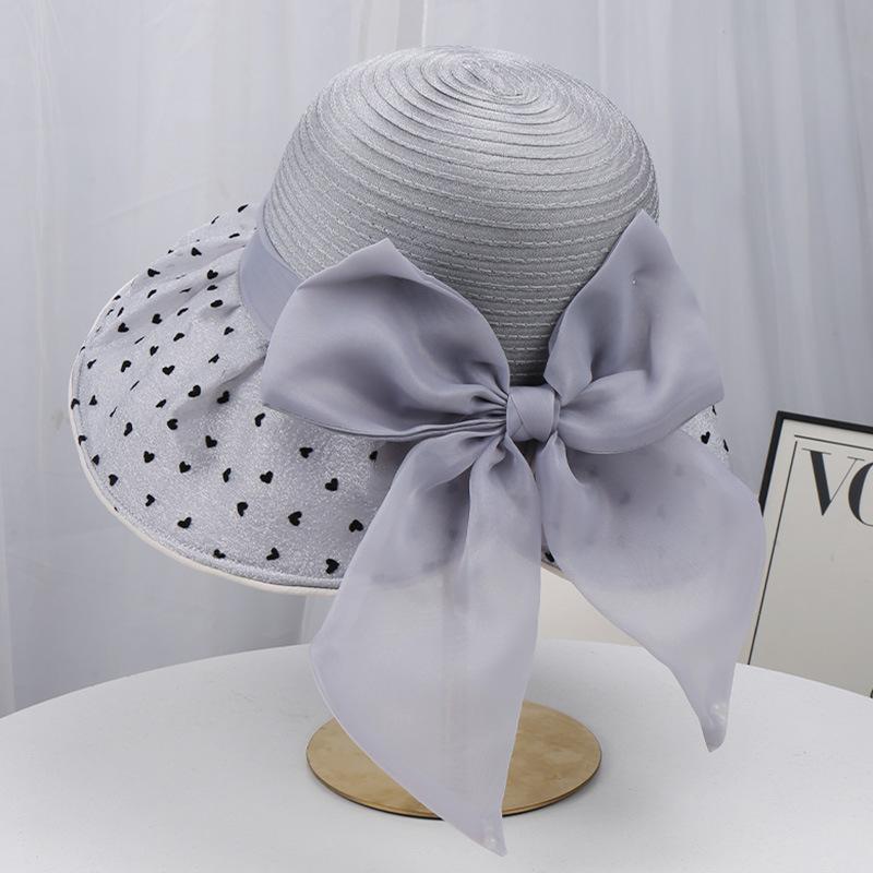 Spring and summer new mesh hat women's temperament elegant travel sun protection sun hat polka dot bow bucket hat
