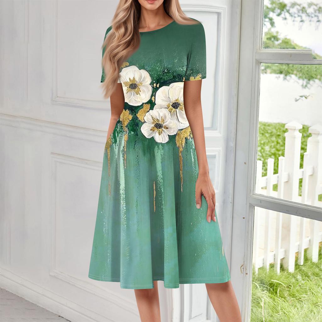 Women Casual Printed Round Neck Long Dress