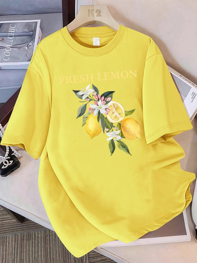 100 Cotton Summer TShirts Womens Fresh Lemon Flowers Printing Tops Comfortable Soft ONeck Short Sleeve Casual Womans Clothes