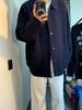 Men's Dark Blue Retro Knit Cardigan with Turn-Down Collar - Versatile Casual Sweater for Autumn and Winter