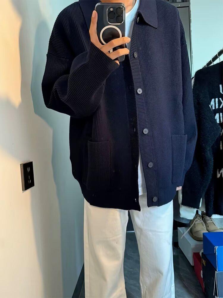 Men's Dark Blue Retro Knit Cardigan with Turn-Down Collar - Versatile Casual Sweater for Autumn and Winter