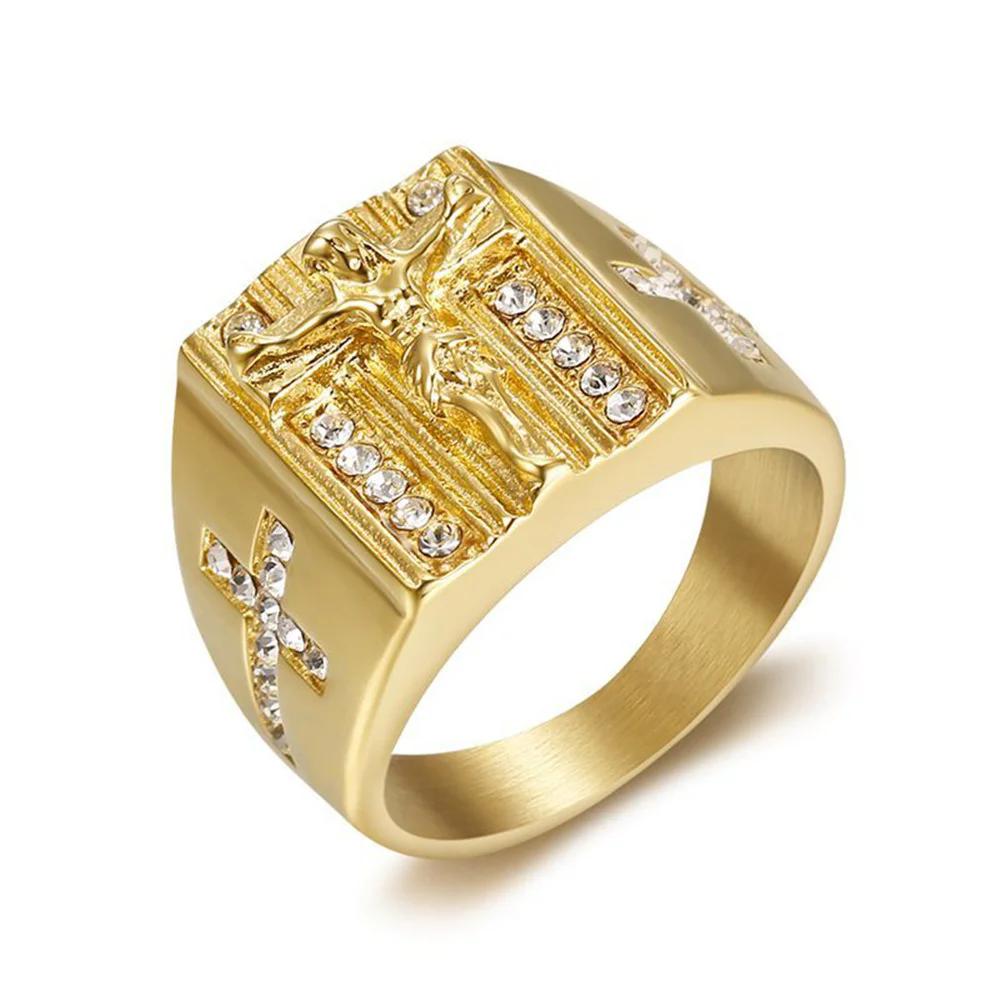 Hip Hop Iced Out Jesus Cross Ring Male Gold Color Stainless Steel Cubic Zirconia Christian Rings For Men Religious Jewelry Gift