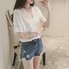 Casual Women Solid Color V Neck Short Sleeve Lace Loose Chiffon T-shirt Blouse