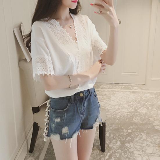 Casual Women Solid Color V Neck Short Sleeve Lace Loose Chiffon T-shirt Blouse
