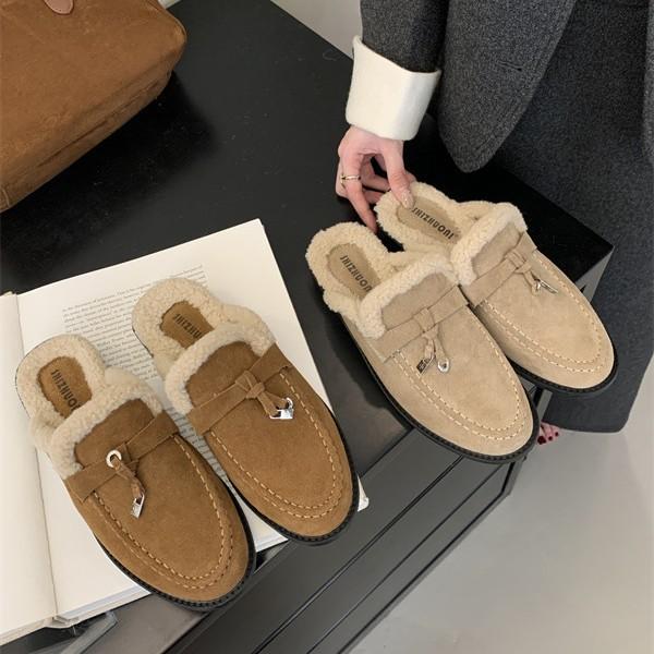 2025 autumn and winter new bag head thick heel fluffy shoes women wear warm and plush comfortable versatile slippers