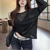 Backless design round neck grid hollow thin long-sleeved knitted sweater women's spring and summer simple and thin sunscreen top