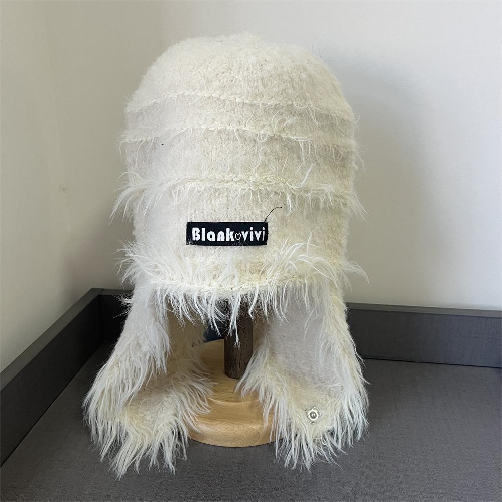 Contrast Color Neck Plush Hat Women's Autumn and Winter Warm Ear Protection Knitted Hat Big Head Circumference Fashionable and Cute Headgear