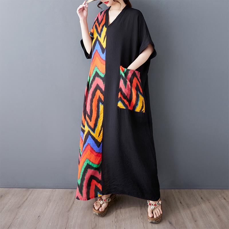 

Dimanaf 2025 Женское Новое Летнее Платье Больших Размеров Свободное Платье С Карманом и Принтом Базовое Повседневное Длинное Платье Большие Размеры One Size чёрный