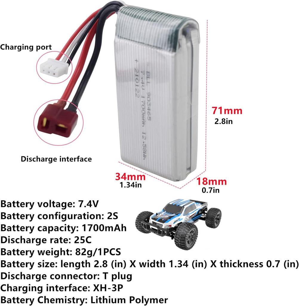 7.4V 1700mAh LiPo Battery for RC Cars – Optimized Performance, Safe and Durable – Efficient Charging – Silver