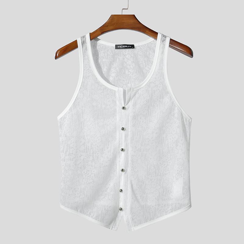 INCERUN Sommer Herre U-hals Ermeløs Knapper Blonder Mesh Gjennomsiktig Casual Tanktopper