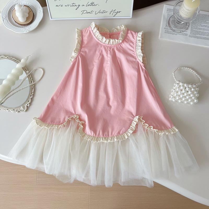 Summer Girls Chiffon Mesh Splice Lace Vest Dress Thin Breathable Princess Sleeveless Party Dress For Kids 90cm