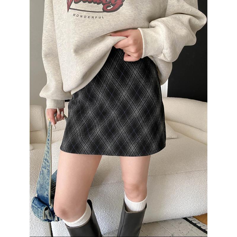 Sinan Retro Academy High-Waisted A-Line Plaid Wool Skirt SN8397 Small черный серый