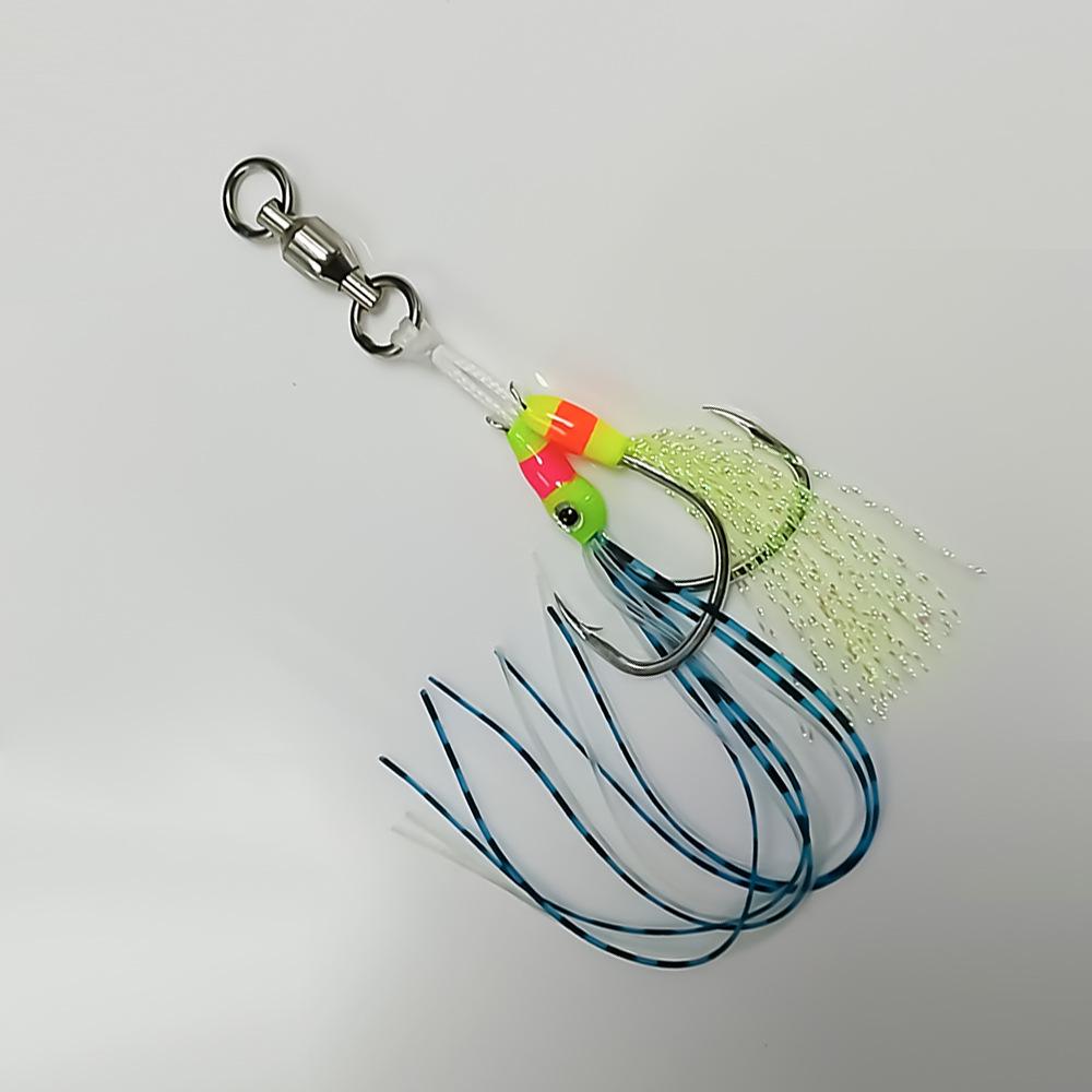 Hand-Tied Luminous Sea Fishing Jig with Double Silicone Ribbons and High Carbon Steel Fish Hooks.