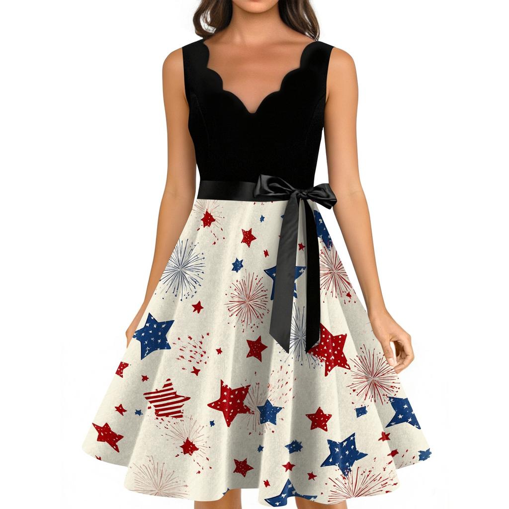 Sleeveless Scalloped Neckline Dress with Star and Firework Print with Sash for Women Holiday Event