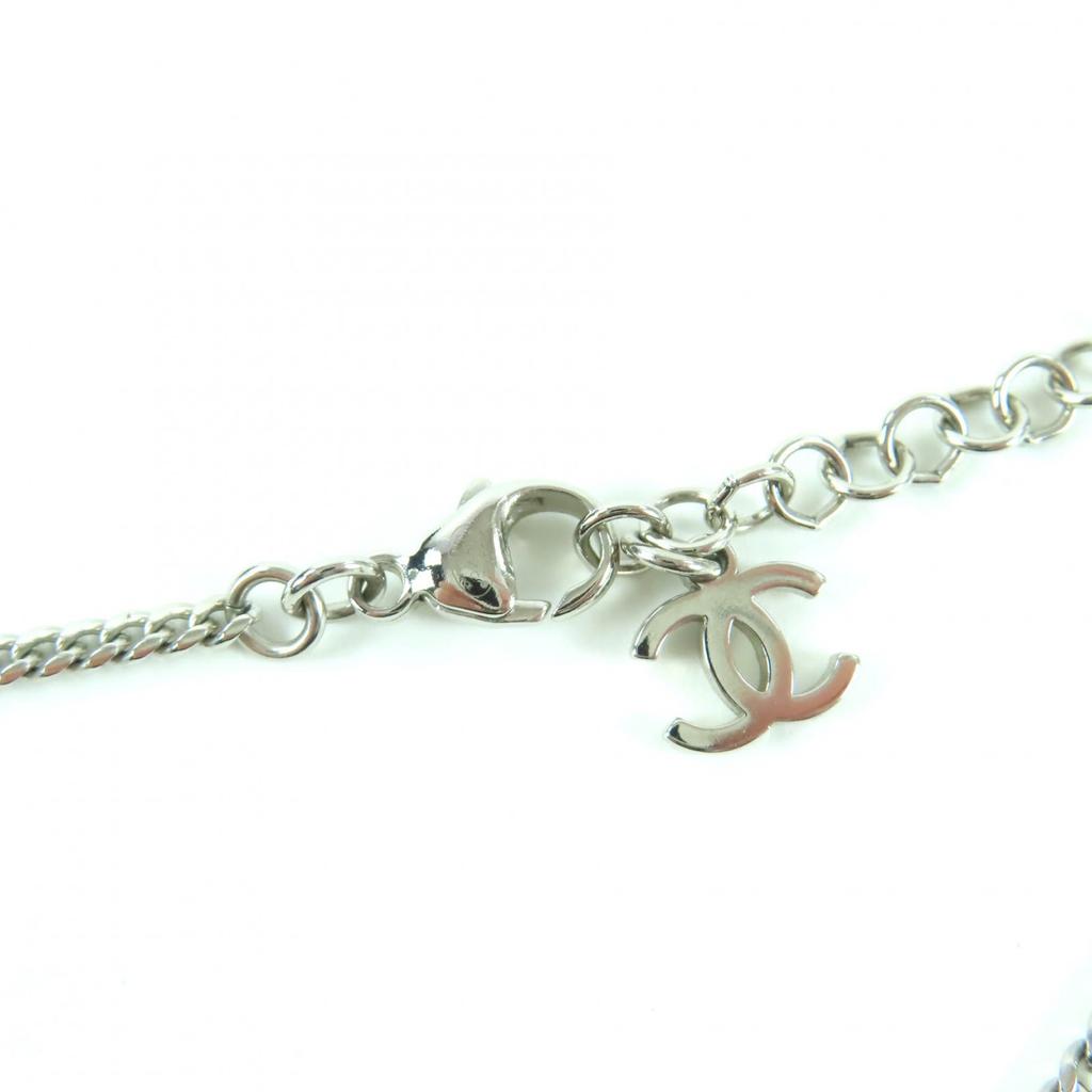 Great CHANEL Necklace COCO Mark Rhinestone Fake Pearl Silver Women F25C Used