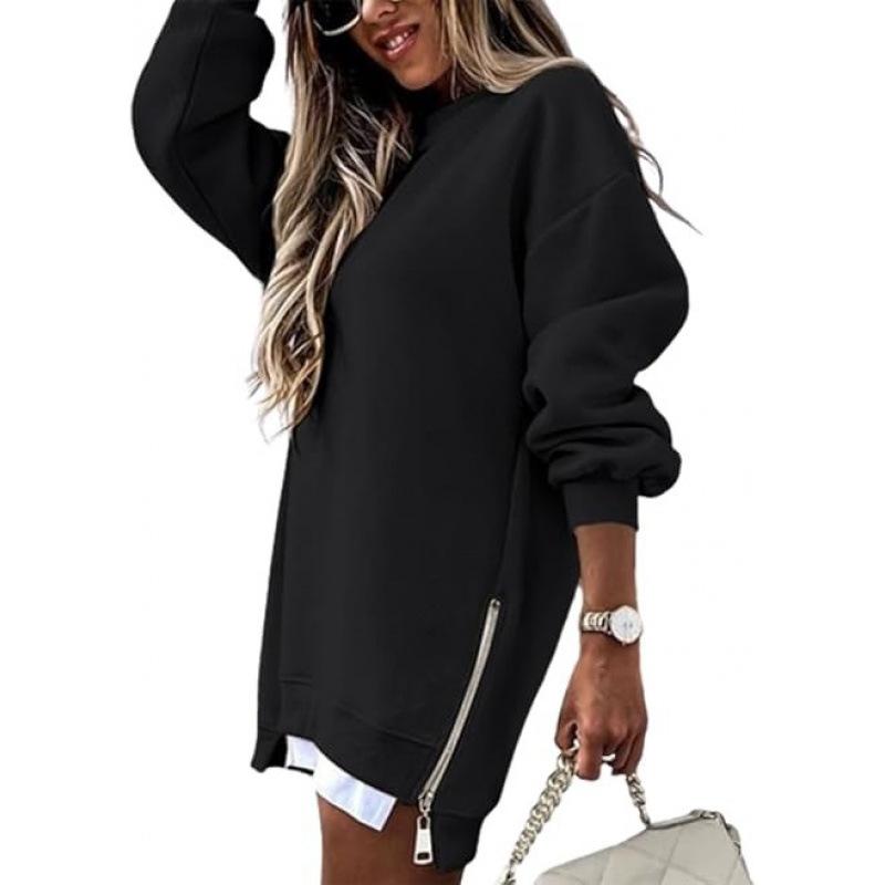 Women's Spring Autumn Fashion Splicing Side Zipper Design Sweatshirt Round Neck Long Sleeved Mid Length Irregular Tops