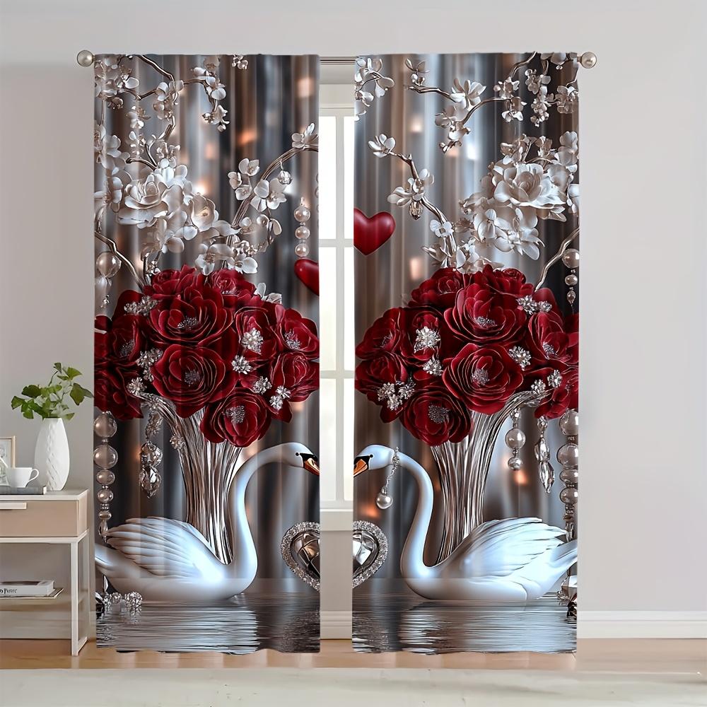

2pcs Elegant Floral & Swan Print Polyester Curtains with Rod Pocket – for Bedroom Living Room & Office Decor 100*130 HOOK 1pcs