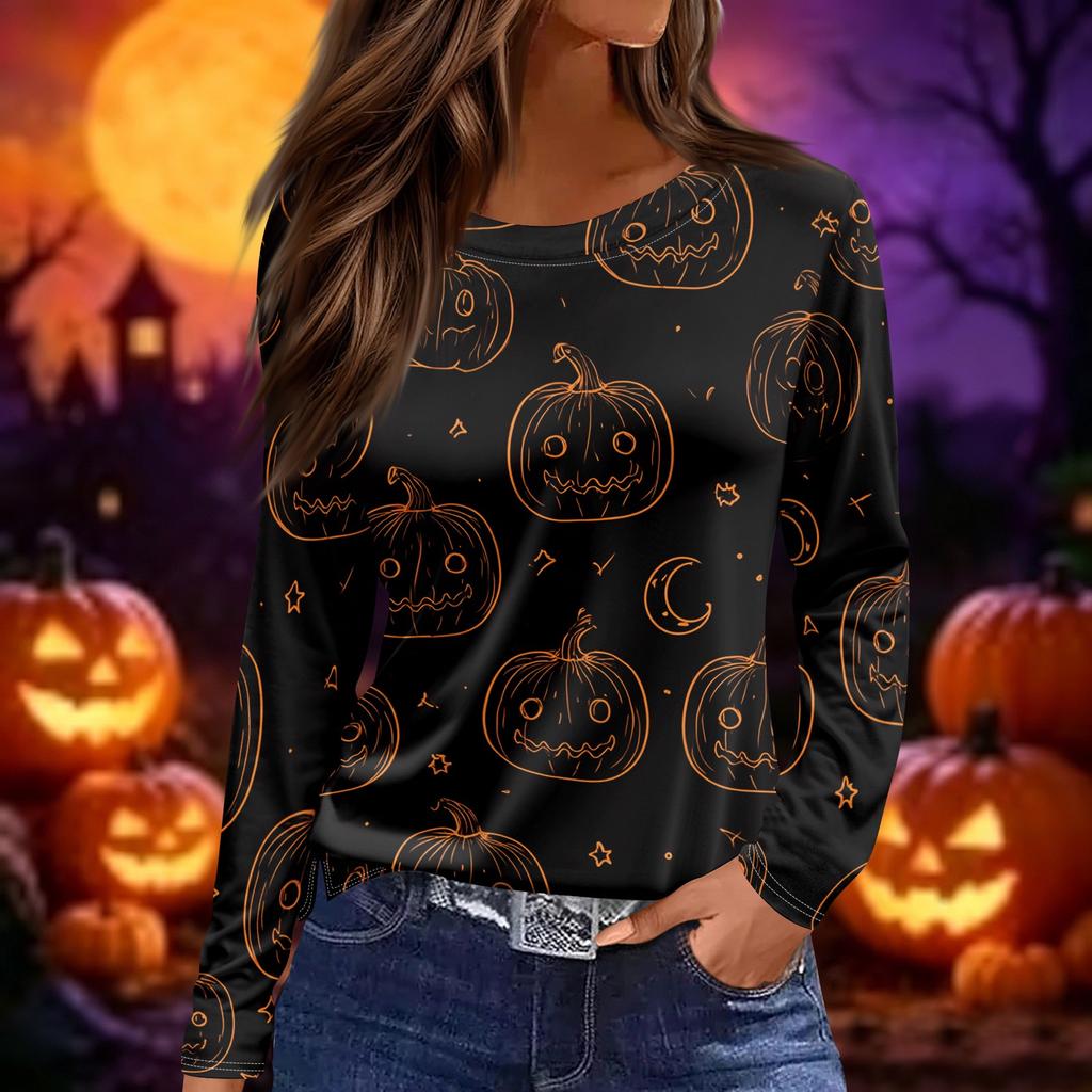 Women's Halloween Print Long Sleeve Pullover Top Round Neck Split Hem Casual Loose Fit Lightweight Sweatshirt