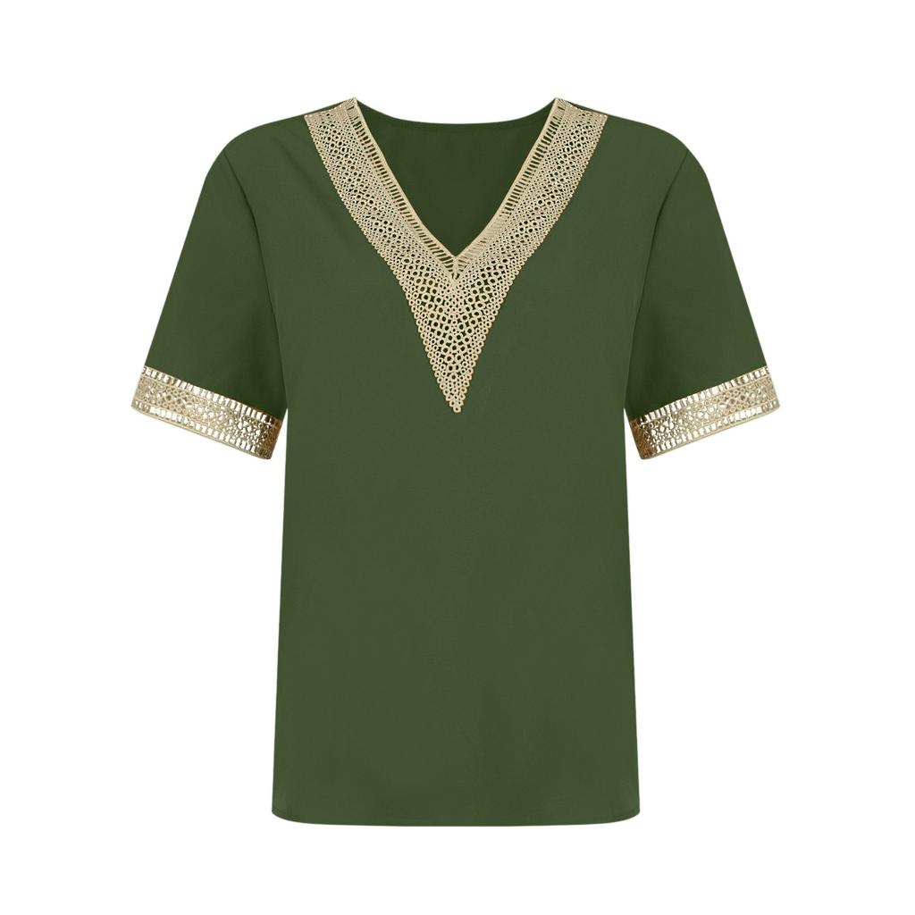 Women's Fashion Solid Color Loose T-shirt Lace Lace Short Sleeve Chiffon Top