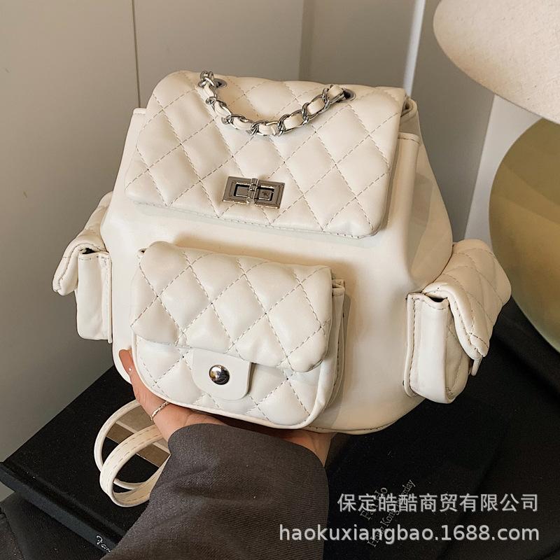 Rhombus embroidery thread niche design women's backpack 2025 new popular versatile chain small backpack bucket small schoolbag