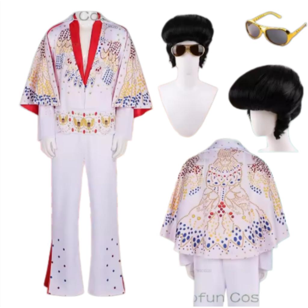 Movie Presley Cosplay Costume Diamond Rock Singer Cosplay Adult Children White Printed Jumpsuit Suits Halloween Costume