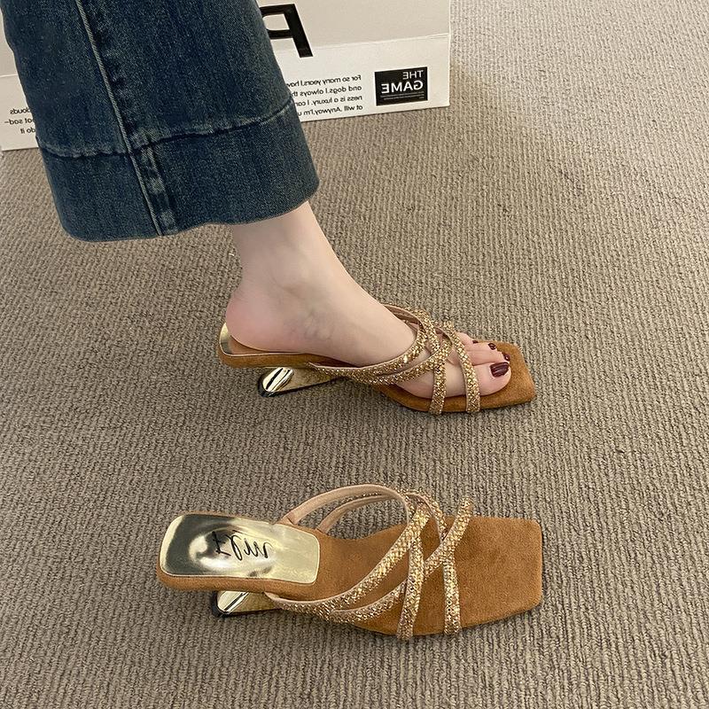 Slope Heel Leopard Print French Stunning Small Cool Slippers Fairy Shoes 2025 New Summer Comfortable Wear High Heel Temperament