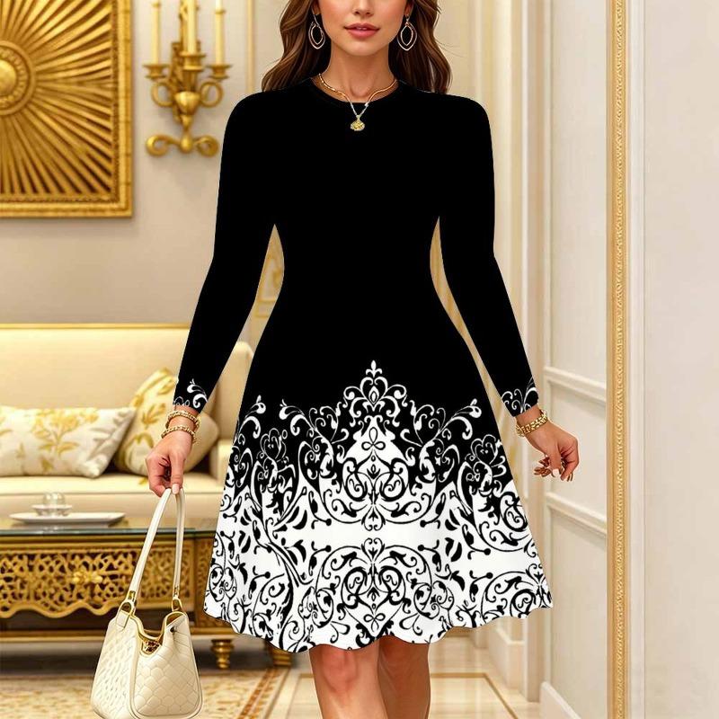 Women's Bohemian Casual Midi Dress Print Round Neck Long Sleeve A Line Loose Swing Dresses