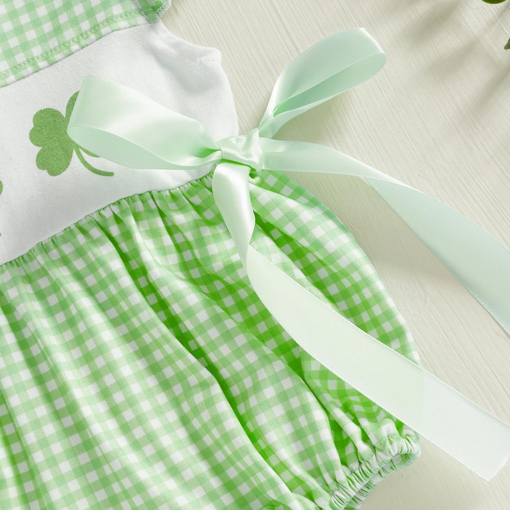 Baby Mädchen Karomuster Strampler Klee-Druck Schleife Fliegenärmel Body Niedlicher Frühlings-Jumpsuit Irische Kleidung