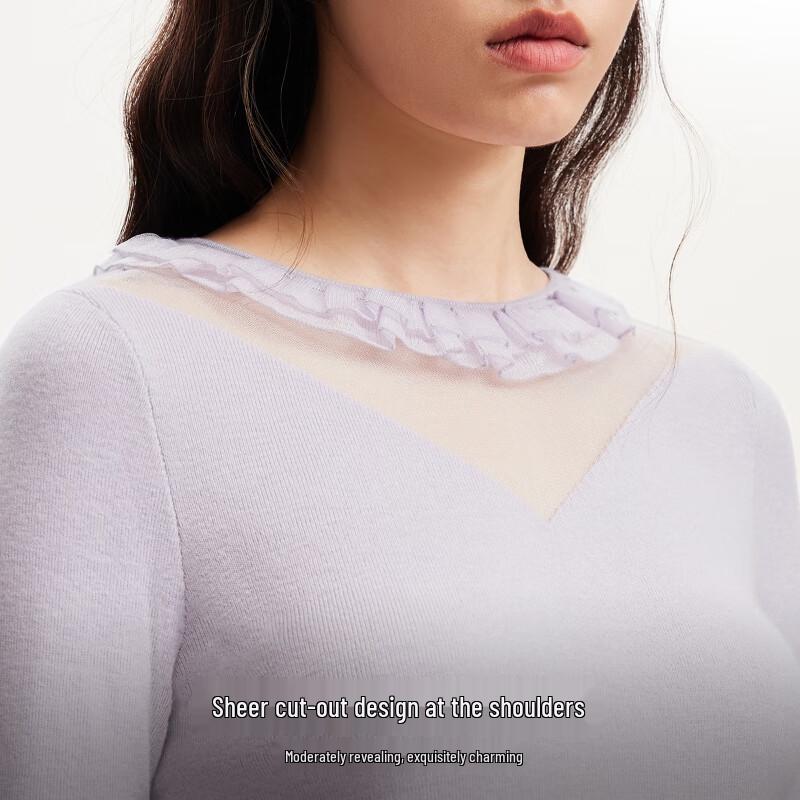 VEROMODA Women's Ruffle Trim Mesh Splice Knit Pullover