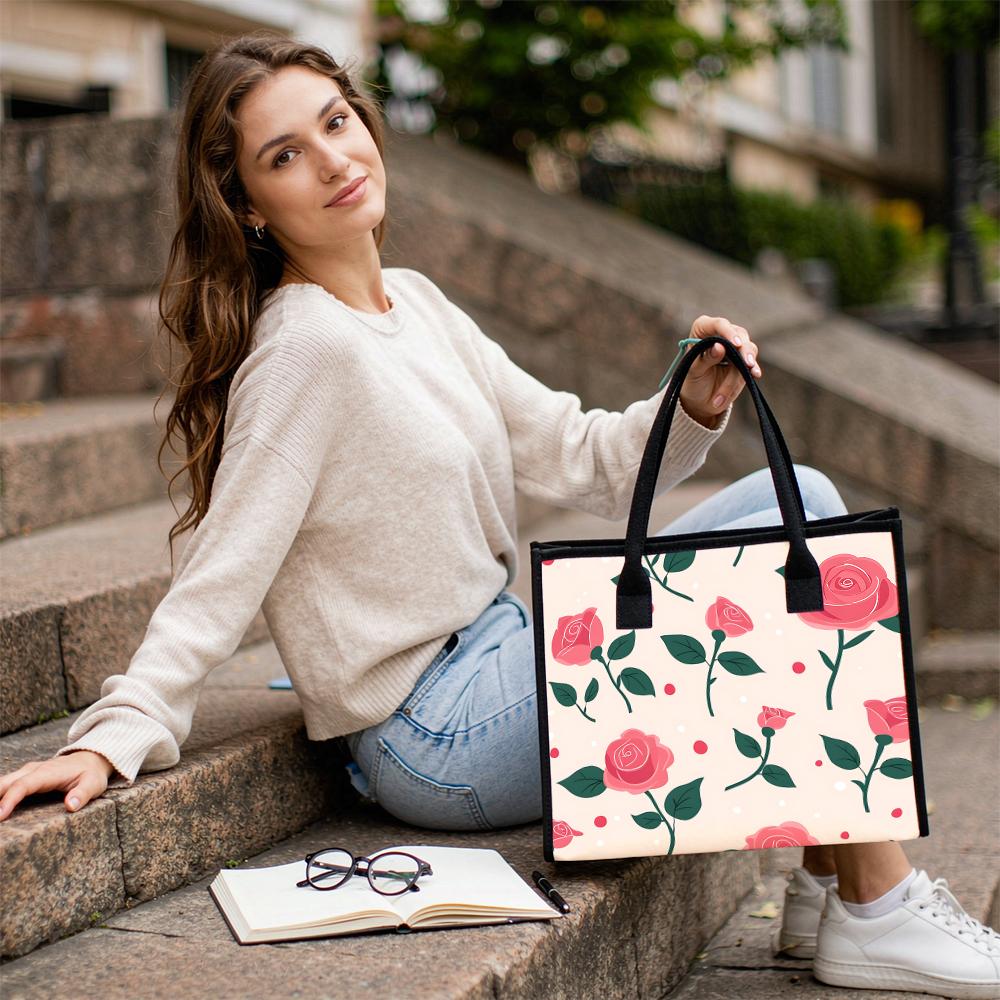 Women Pink Rose Pattern Tote Bag Fashion Casual Large Capacity Daily Outdoor Portable Shopping Handbag