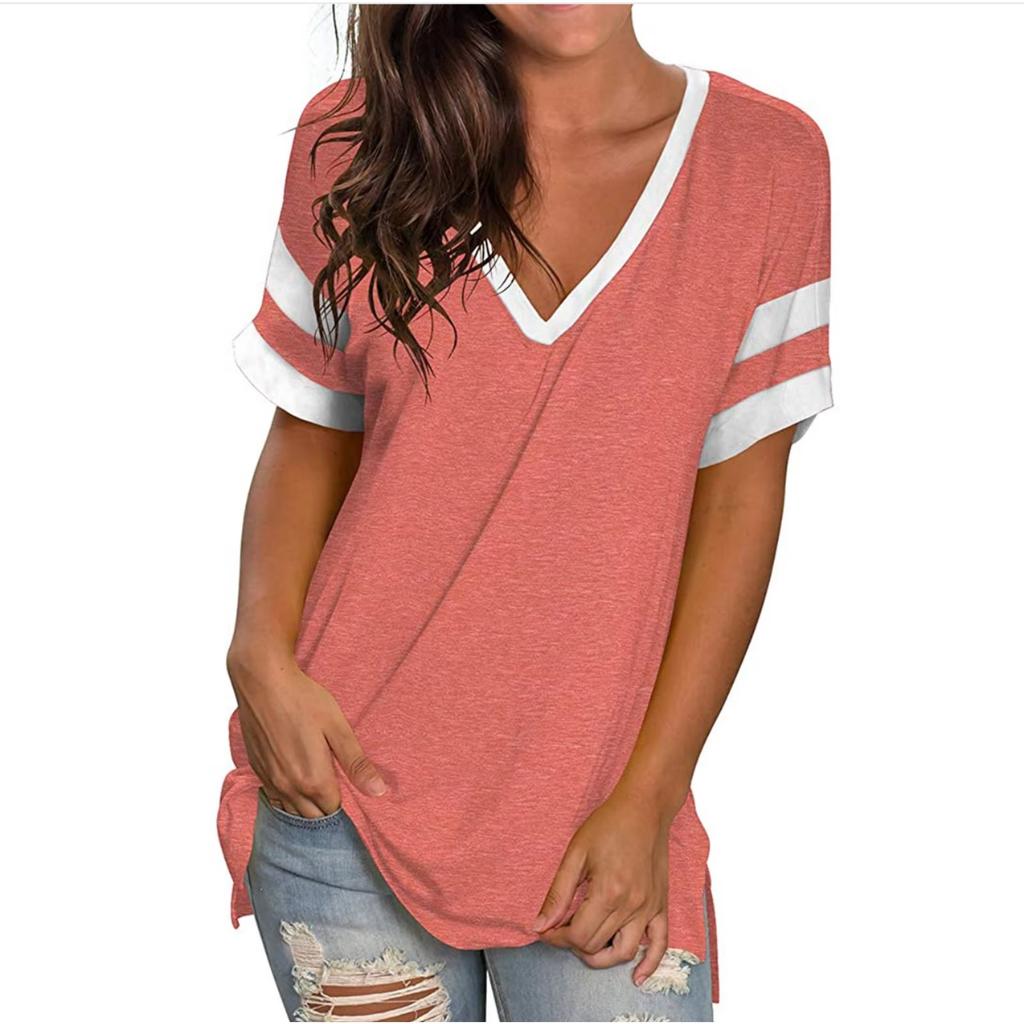 Europa und die Vereinigten Staaten Frühling und Sommer neues Damen Basis-T-Shirt einfarbig V-Ausschnitt Spleiß