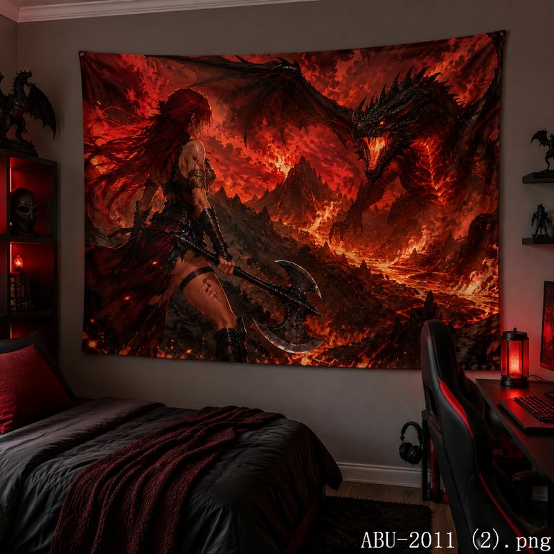 Red Fire Battle Anime Aesthetic Tapestry Cool Fantasy Warrior Cartoon Wall Hanging Teen Dorm Bedroom Otaku Home Wall Decor