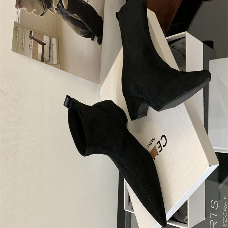 Thick heel French retro pointed short boots women's boots 2025 new autumn and winter thin boots velvet