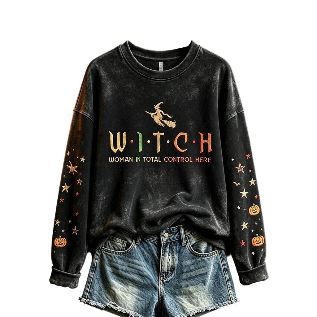 Women's Halloween Print Pullover Neck Long Sleeve Top