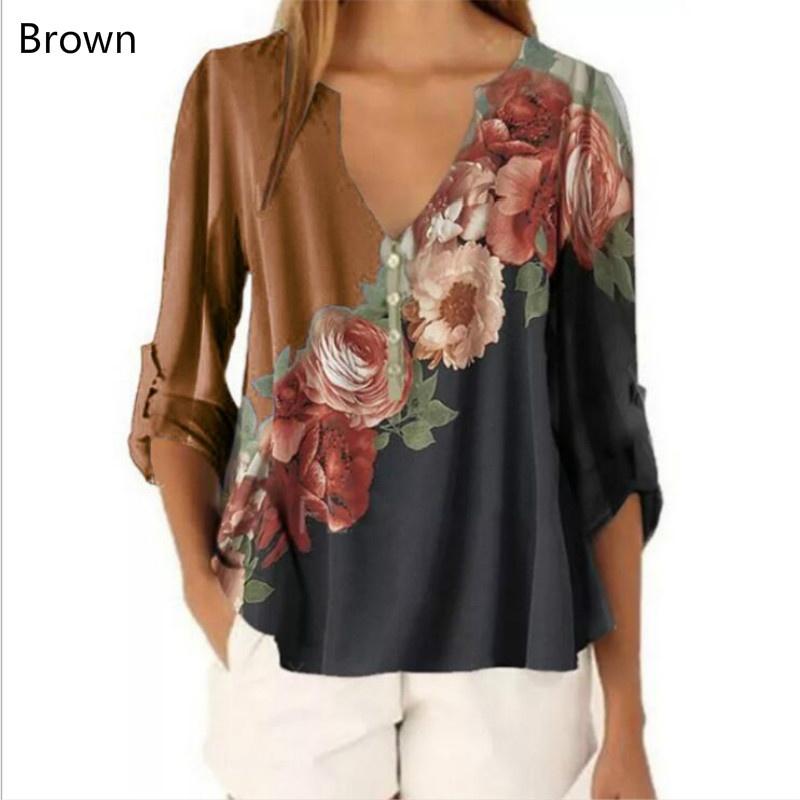 Women's V-neck Floral Print Shirt Top Chiffon Shirt